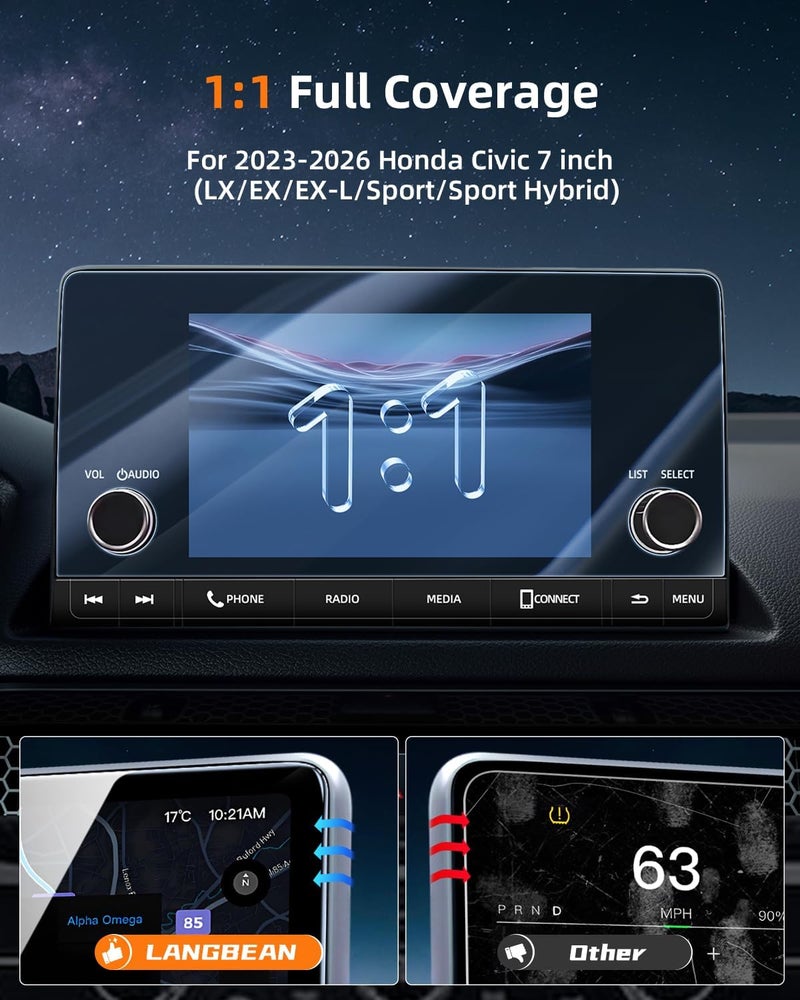 LANGBEAN Screen Protector for 2023-2025 2026 Honda Civic (LX/EX/EX-L/Sport/Sport Hybrid), 7 inch Matte Anti-Glare Infotainment Touchscreen,11th Gen, 9H Tempered Glass 2025 Honda Civic Accessories HD/Anti-Fingerprint - Image 2